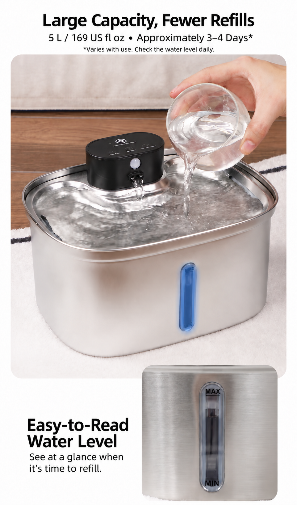 5L Stainless Steel Cat Water Fountain with Motion Sensor
