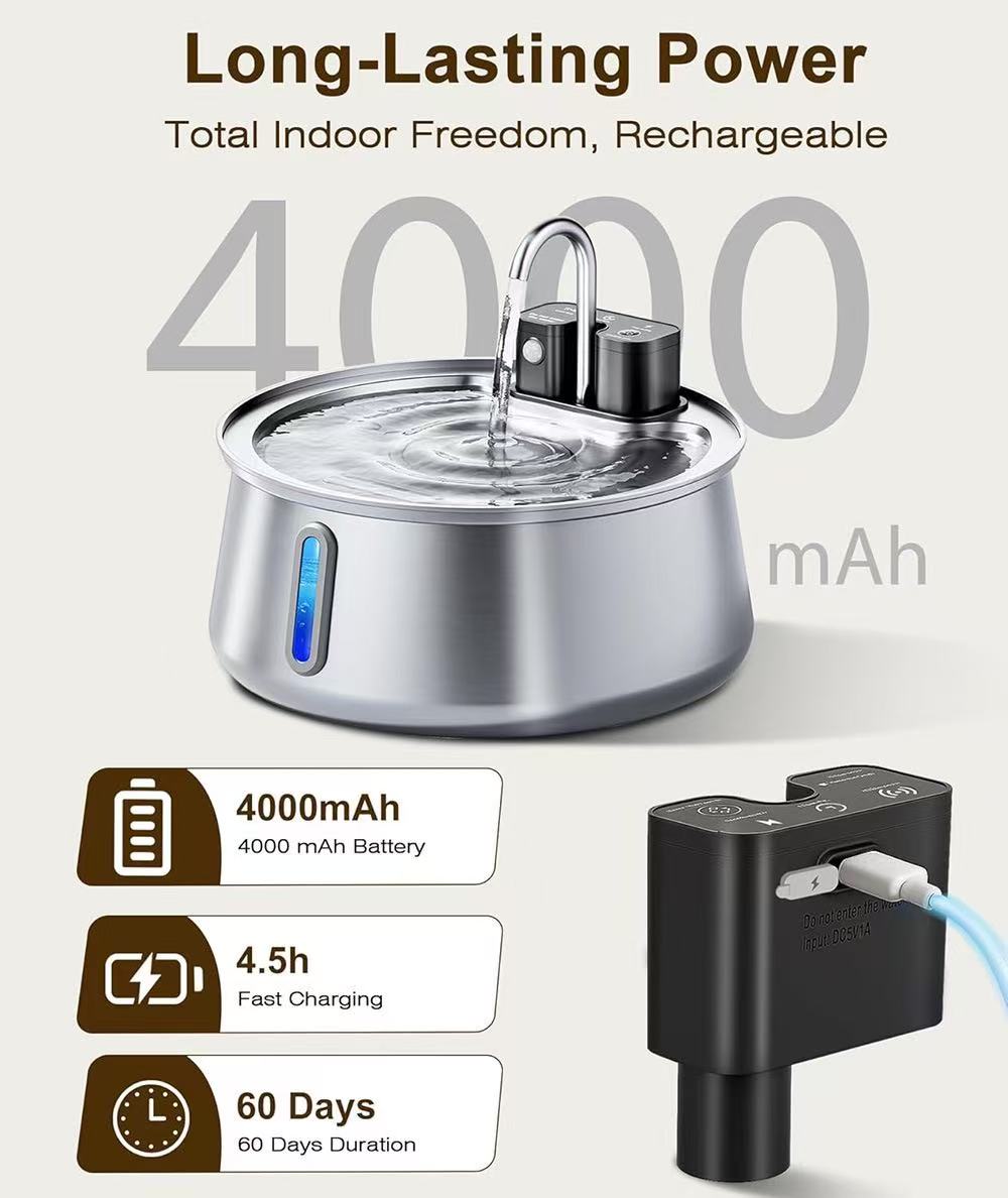 4L Wireless Stainless Steel Cat Water Fountain