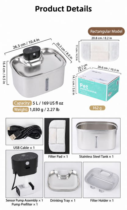 5L Stainless Steel Cat Water Fountain with Motion Sensor