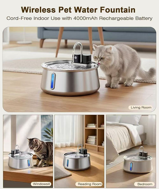 4L Wireless Stainless Steel Cat Water Fountain